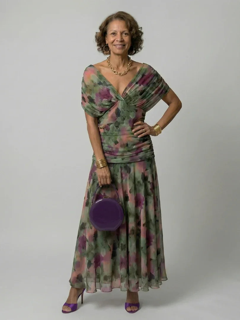 Robe maxi en mesh floral pour femme avec corsage froncé