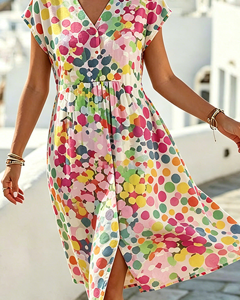 Women's Polka Dot V-Neck A-Line Midi Dress