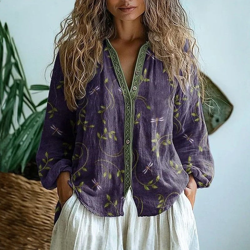 Γυναικεία Χαλαρή Μπλούζα Boho με V-Λαιμόκοψη και Μακριά Μανίκια