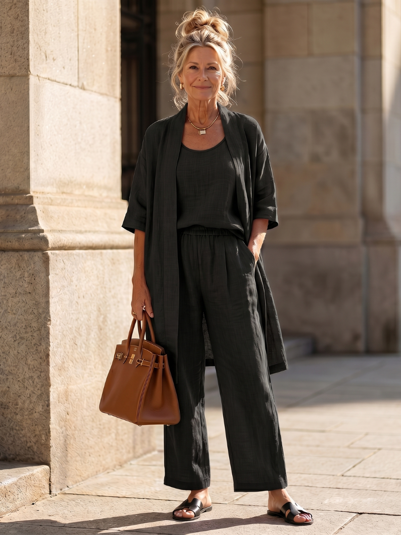 Ensemble détente trois pièces pour femme avec cardigan ouvert