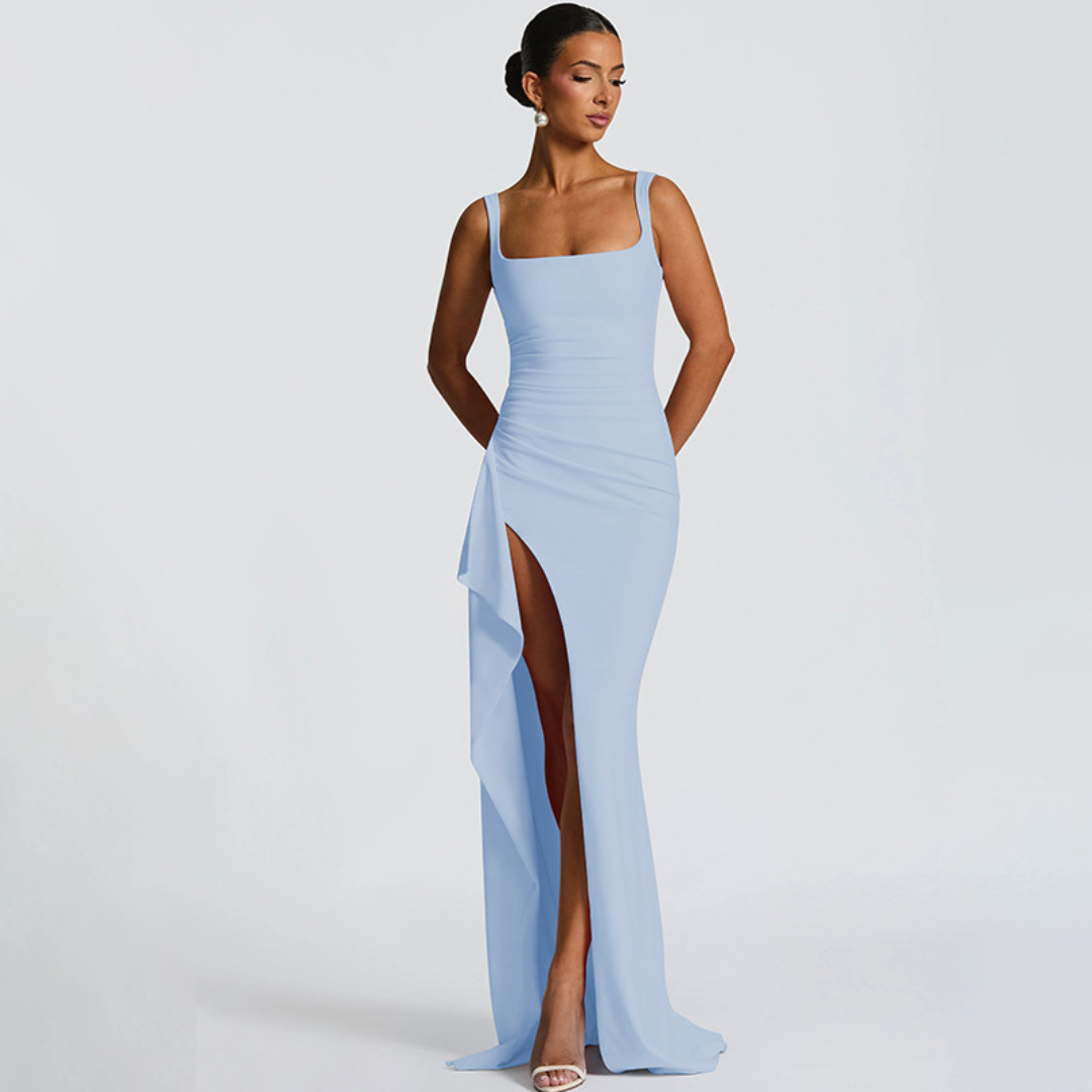 Women's Sleeveless Square Neck Fitted Maxi Dress with High Side Slit