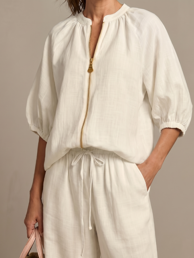 Women's Zip Front Blouson Top Wide Leg Set