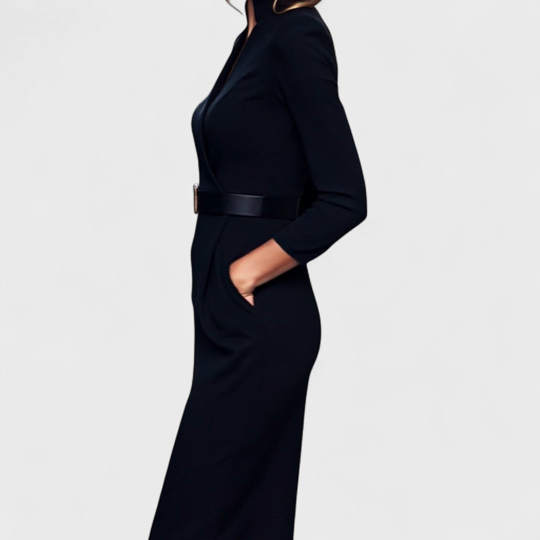 Robe midi pour femme avec col mao et ceinture