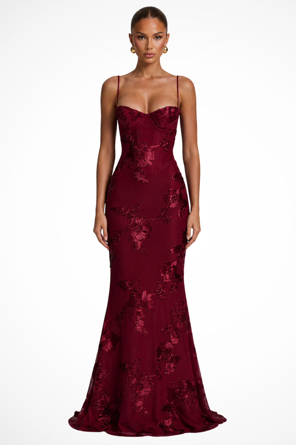 Robe longue corset brodée de fleurs pour femme avec bretelles fines