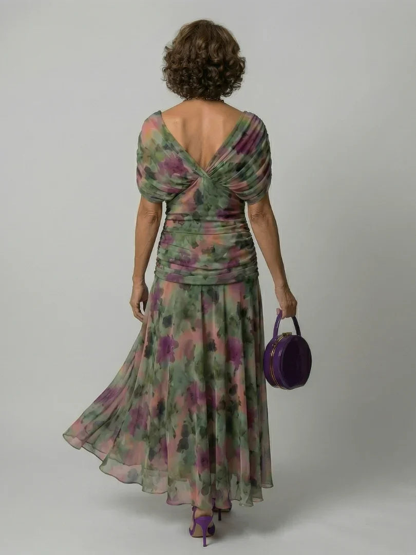 Robe maxi en mesh floral pour femme avec corsage froncé