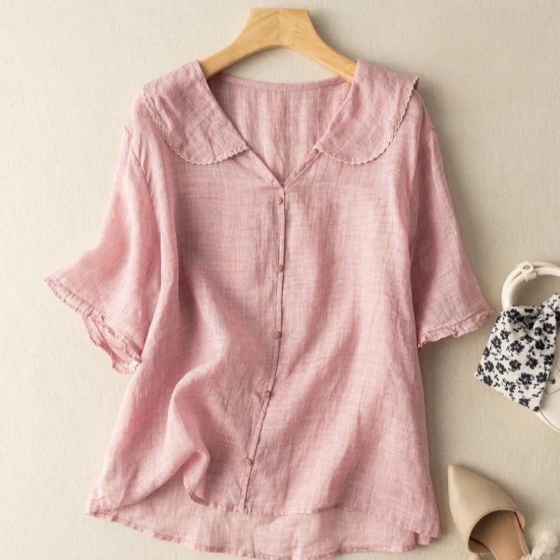Blouse Vintage à Boutons avec Col Festonné pour Femme