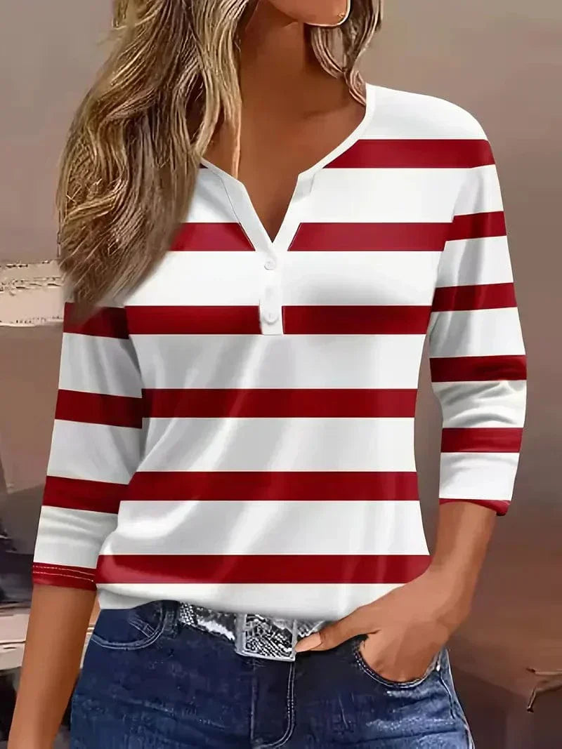 Women's Striped V-Neck Top with Three-Quarter Sleeves