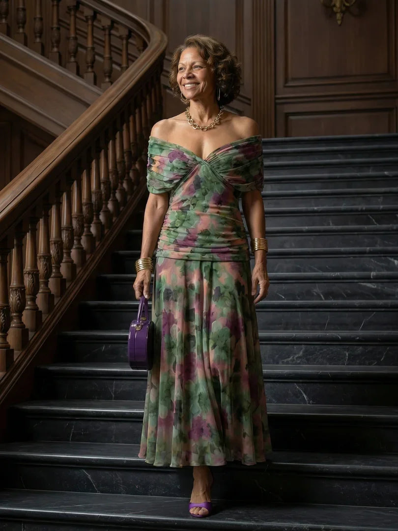 Robe maxi en mesh floral pour femme avec corsage froncé