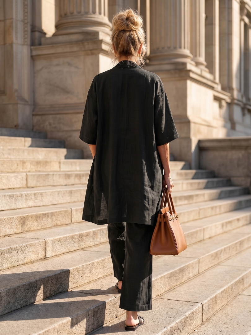 Ensemble détente trois pièces pour femme avec cardigan ouvert