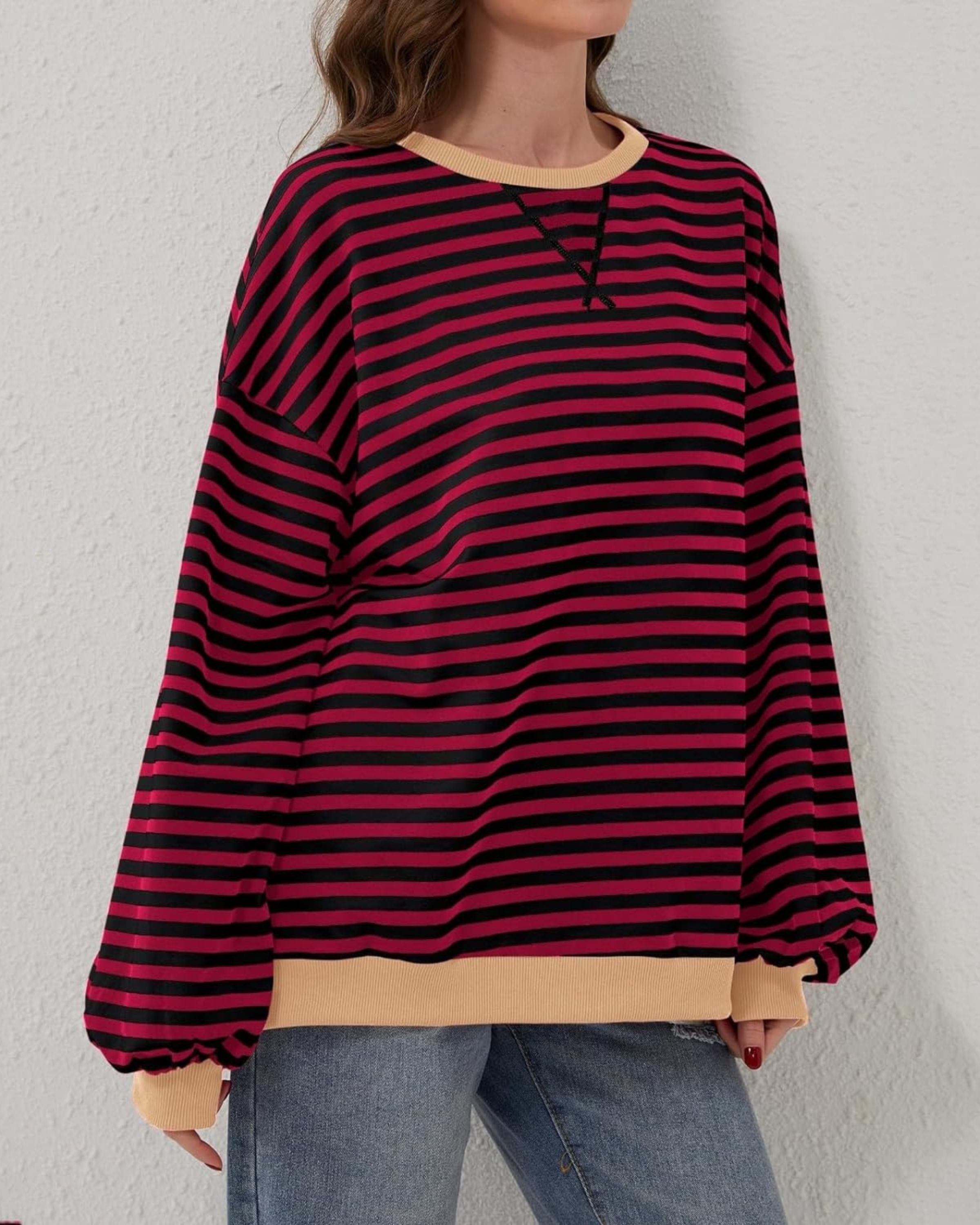 Women's Striped Oversized Crewneck Sweatshirt