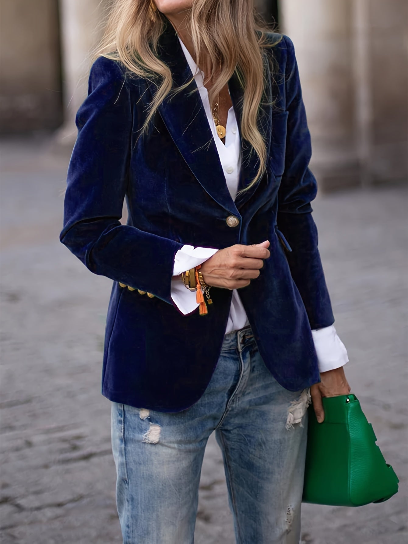 Elegant Velvet Blazer with Gold Button Details - Modern Luxury Style