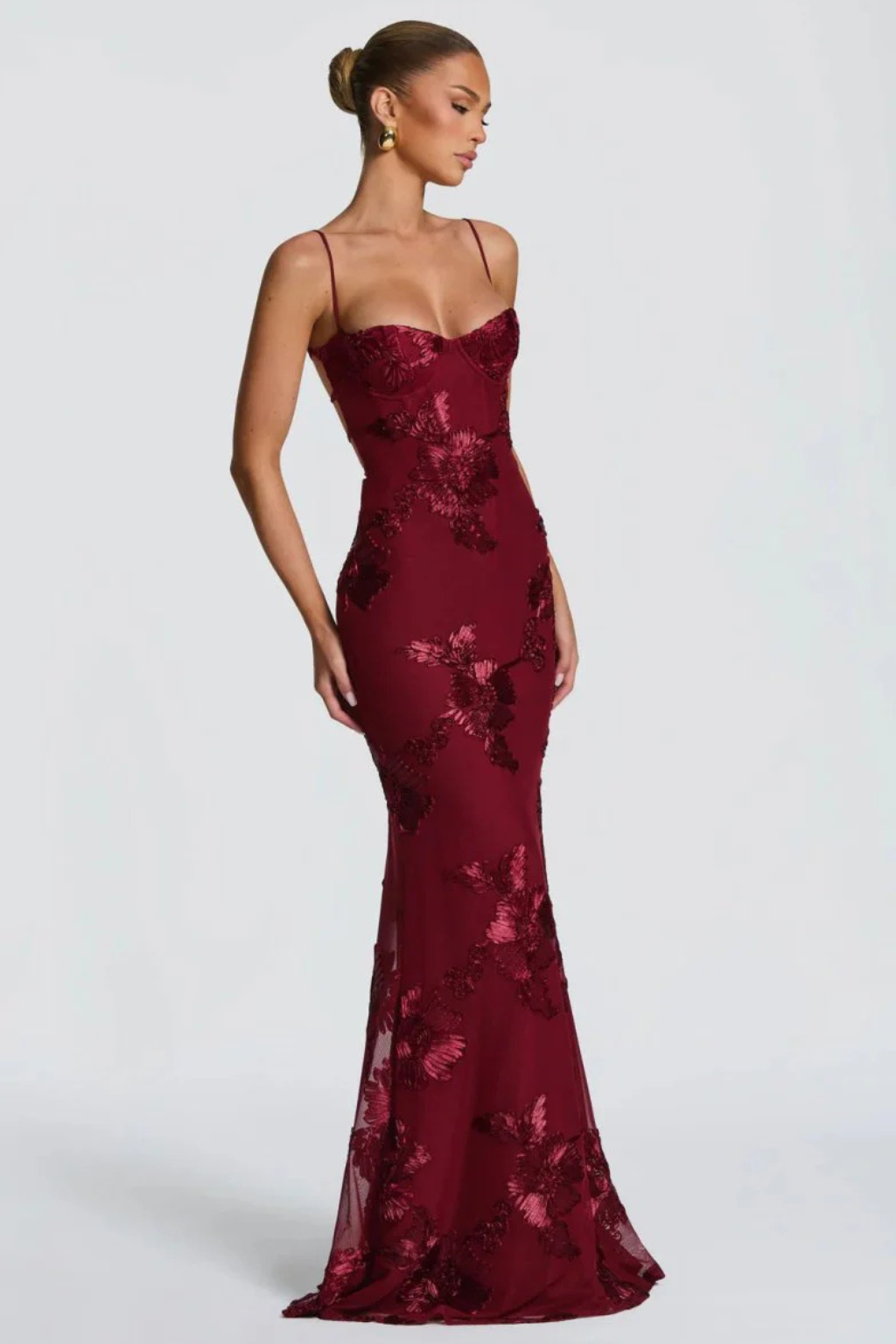 Robe longue corset brodée de fleurs pour femme avec bretelles fines