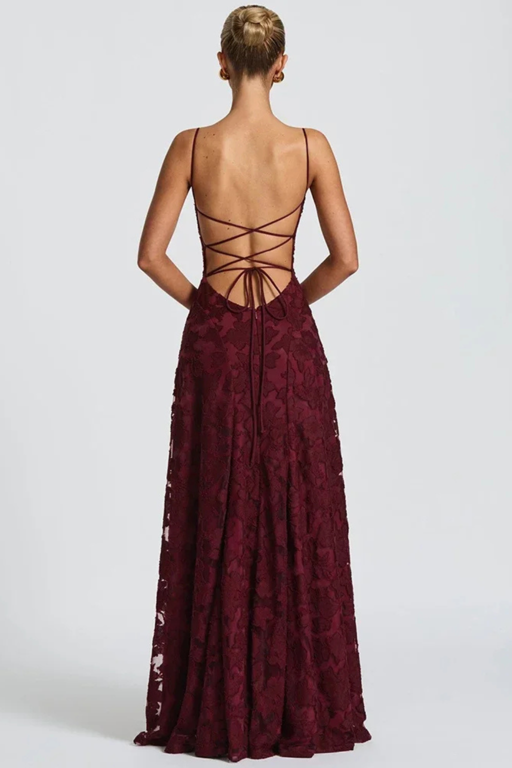 Women's Floral Jacquard Maxi Dress with Lace-Up Back