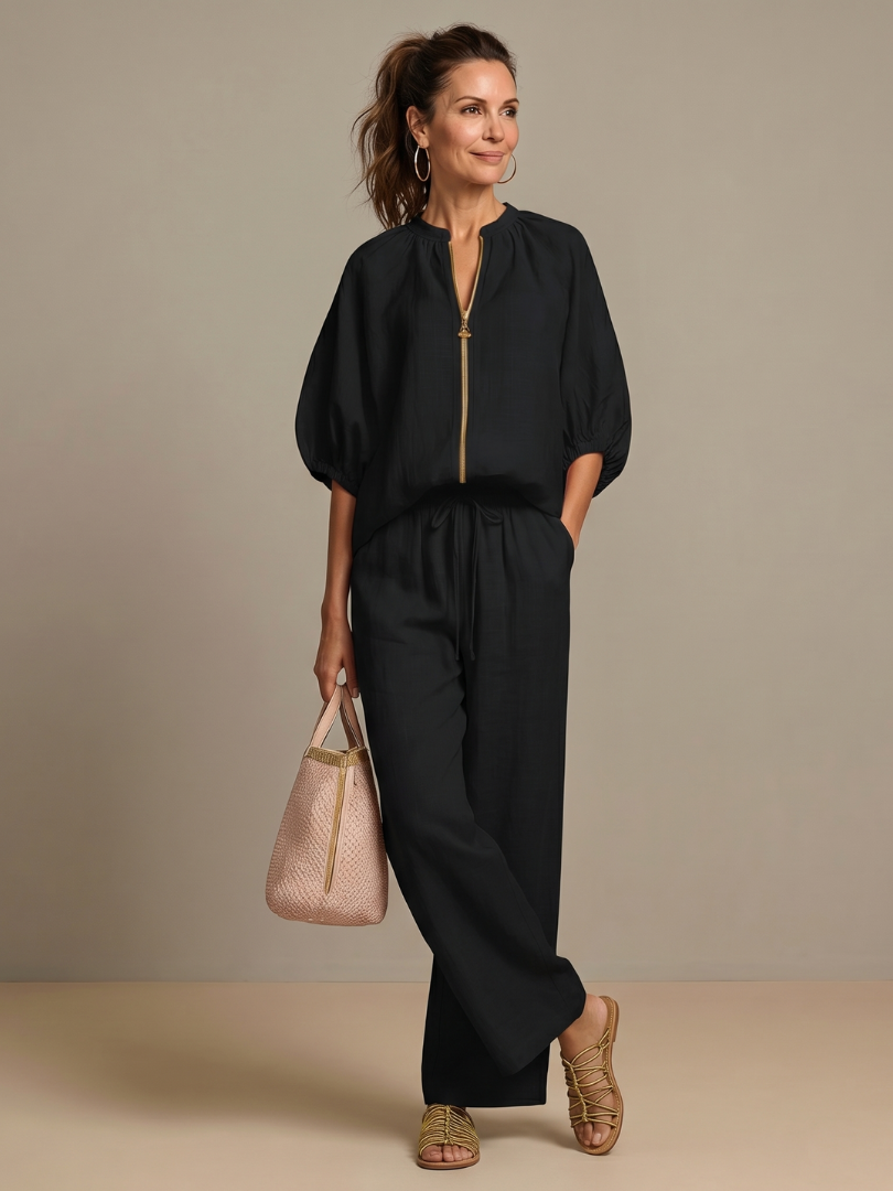 Women's Zip Front Blouson Top Wide Leg Set