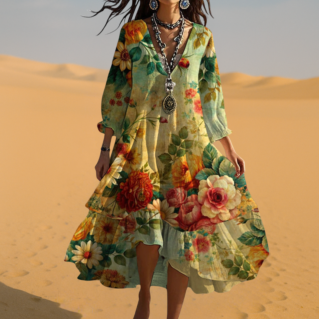 Γυναικείο Ρομαντικό Φλοράλ Boho Midi Φόρεμα με V-Λαιμόκοψη
