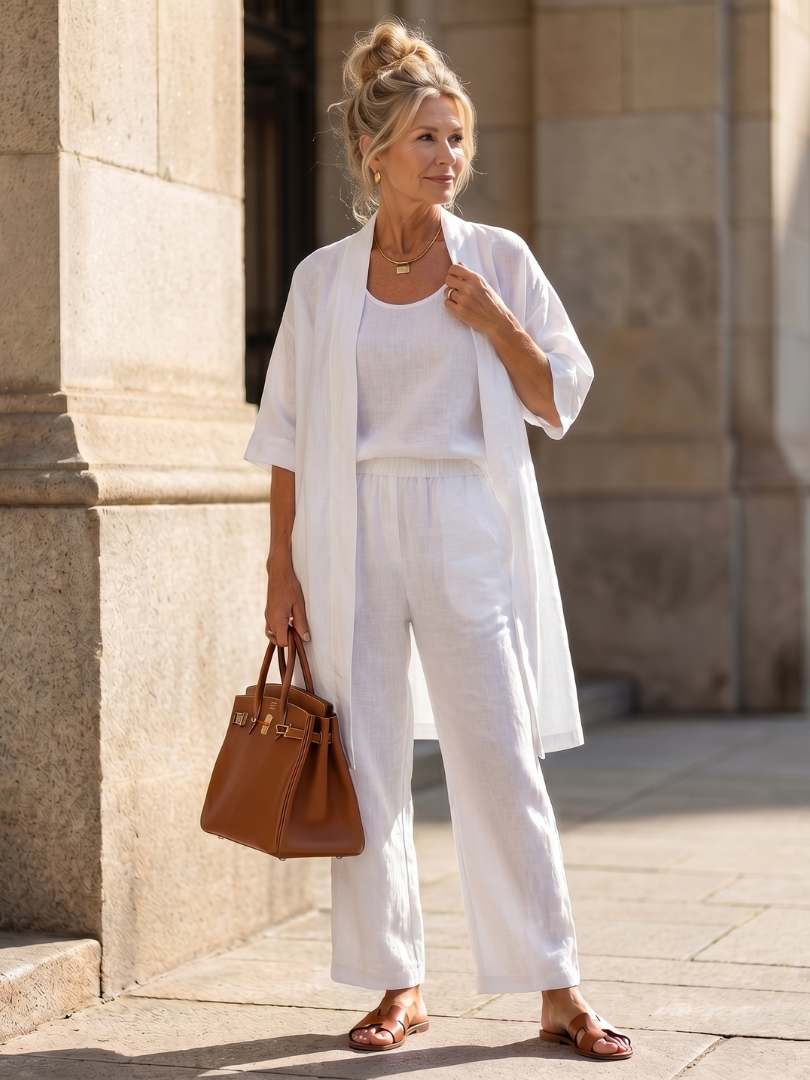 Ensemble détente trois pièces pour femme avec cardigan ouvert