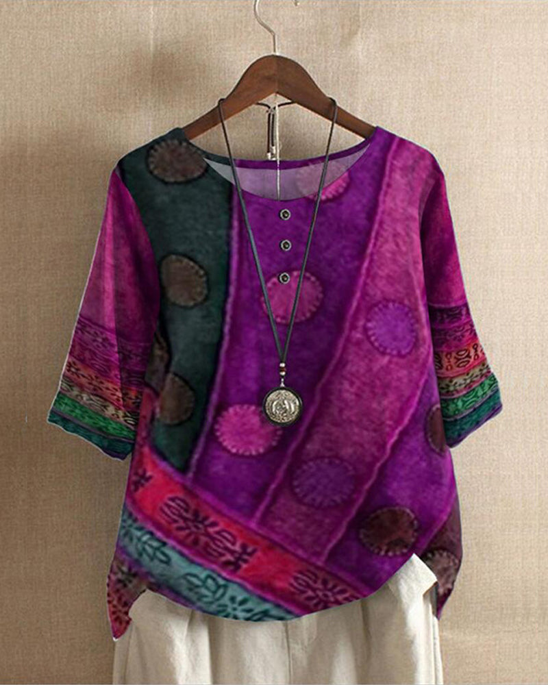 Women's Vintage Patchwork Print Relaxed Tunic Blouse