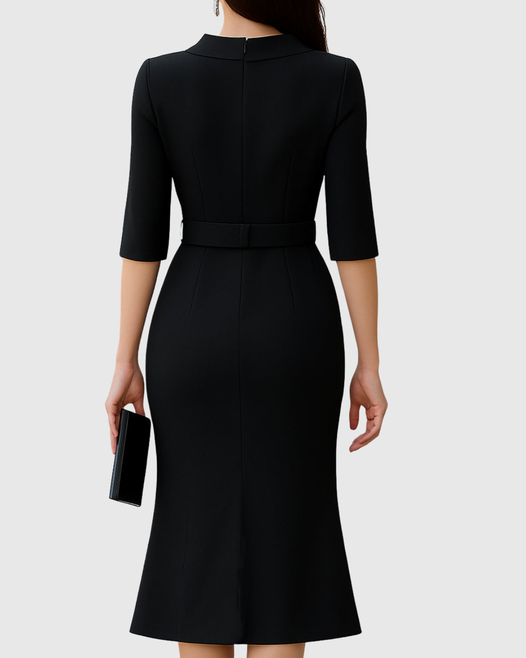 Robe midi noire avec ceinture et manches courtes pour femmes
