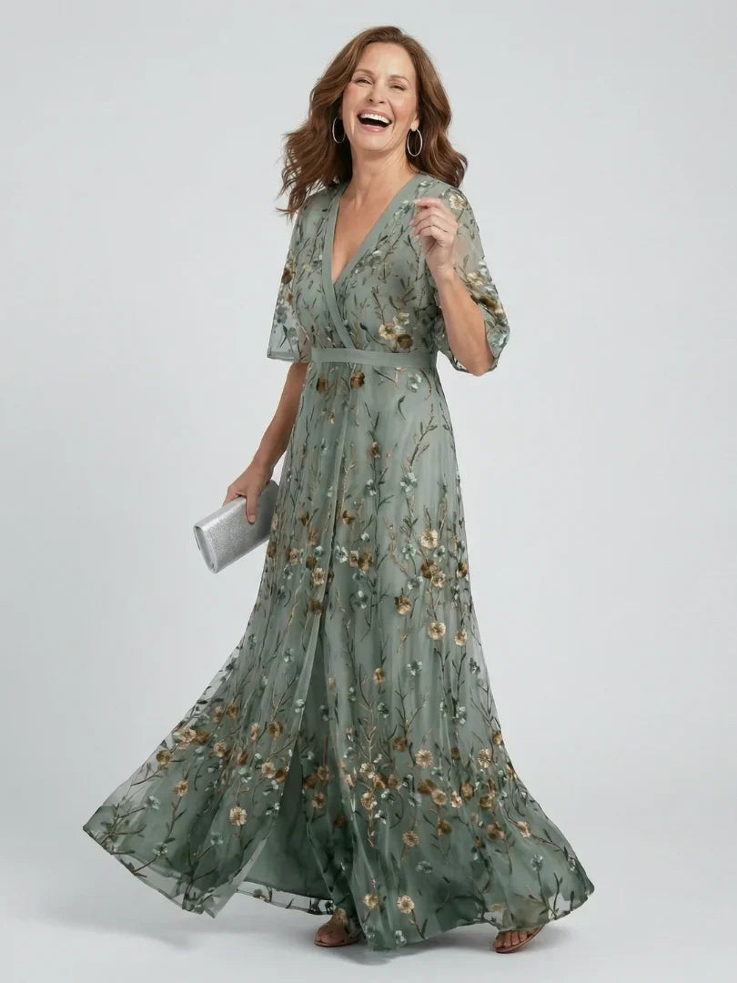 Robe maxi fleurie pour femme avec manches volantées et ceinture à la taille