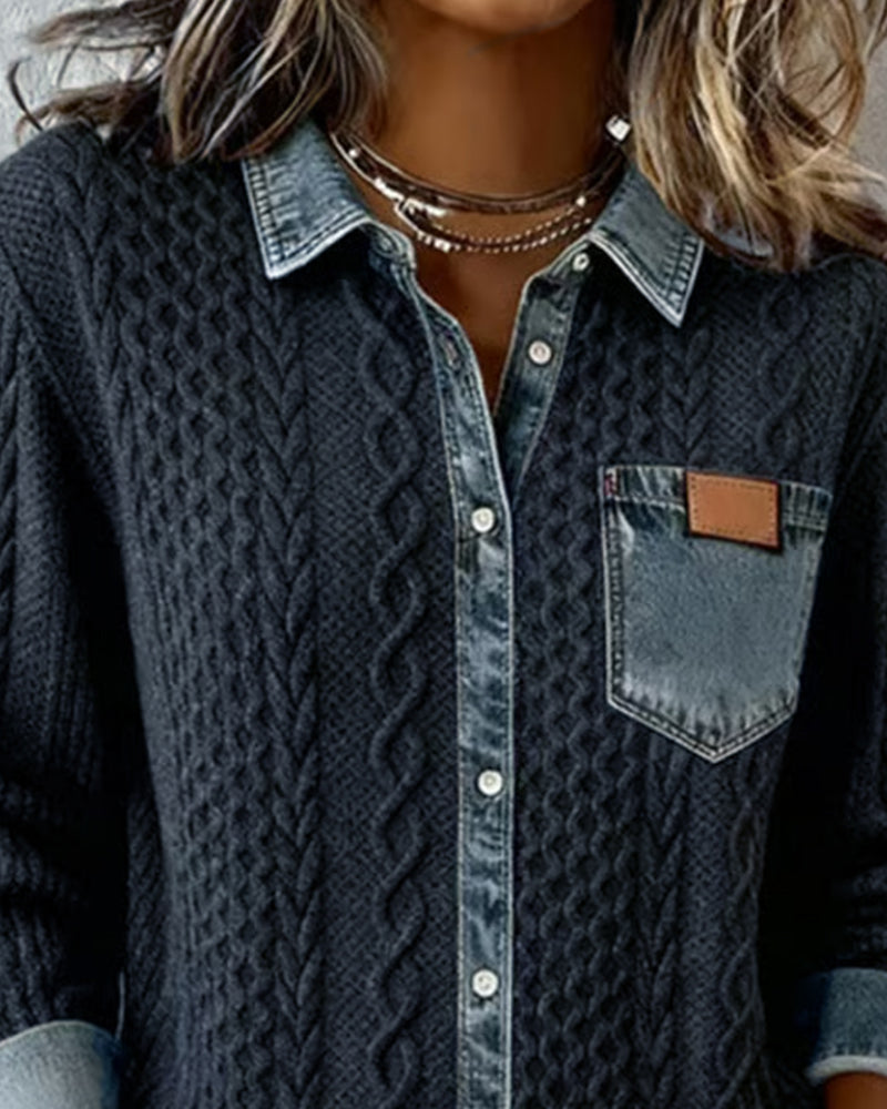 Women's Long Sleeve Shirt with Denim Details