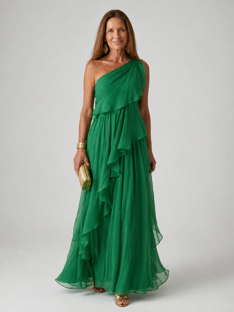 Robe maxi asymétrique pour femme avec volants en cascade