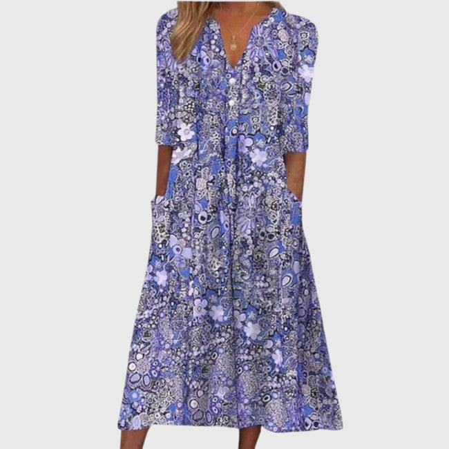 Robe midi élégante à fleurs pour femme avec col en V