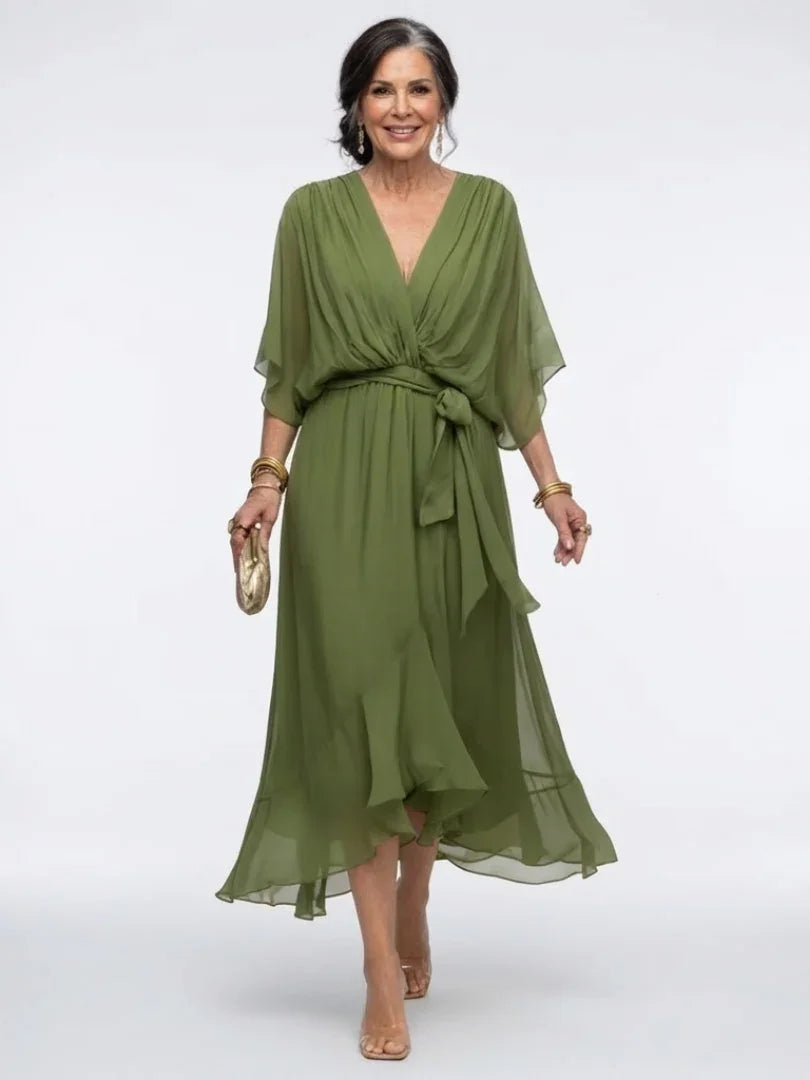 Women's V Neck Midi Dress with Waist Tie