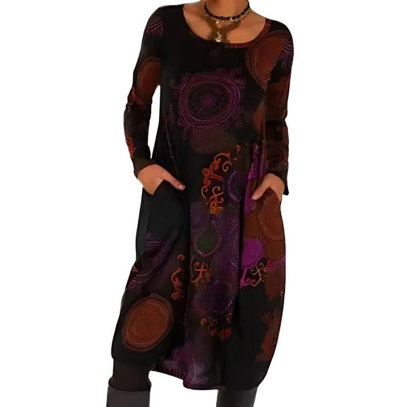 Women's Bohemian Printed Midi Dress with Pockets