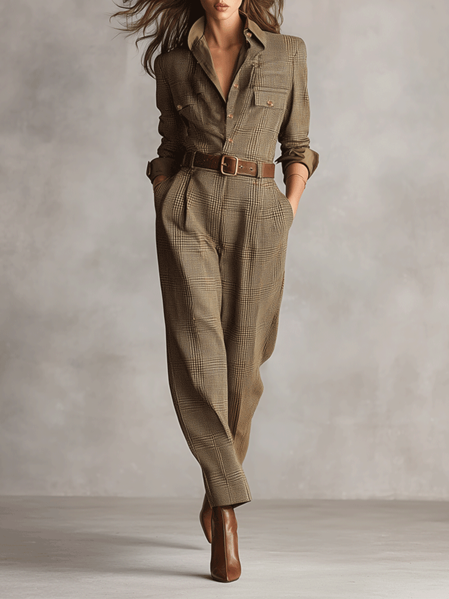 Women's Long Sleeve Button Front Belted Jumpsuit