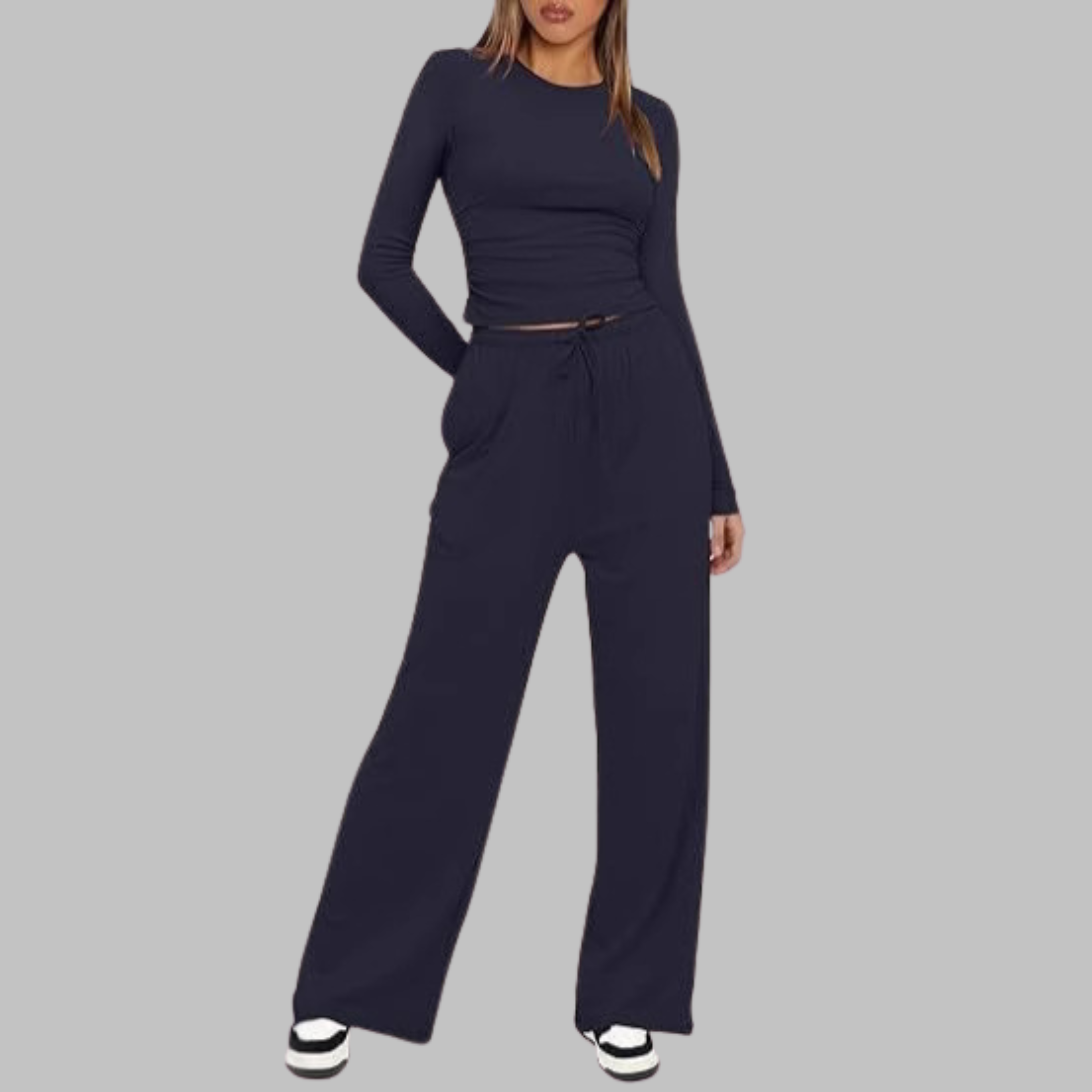 Conjunto de blusa de manga larga y pantalones de pierna ancha para mujer