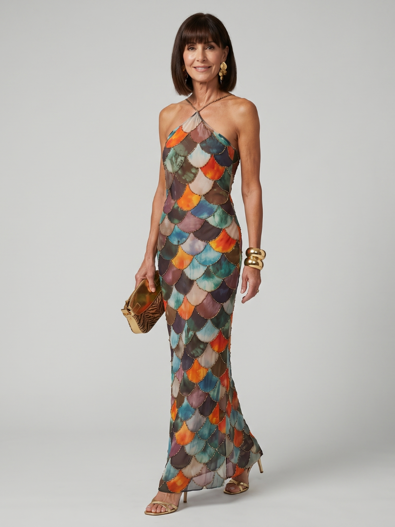 Women's Multicolor Scale Maxi Dress Halter