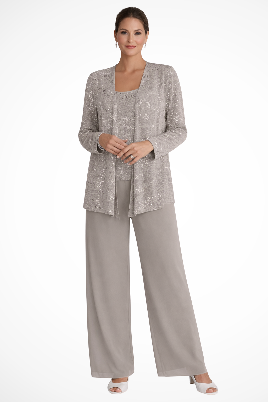 Ensemble trois pièces pour femme en dentelle à sequins, pantalon large