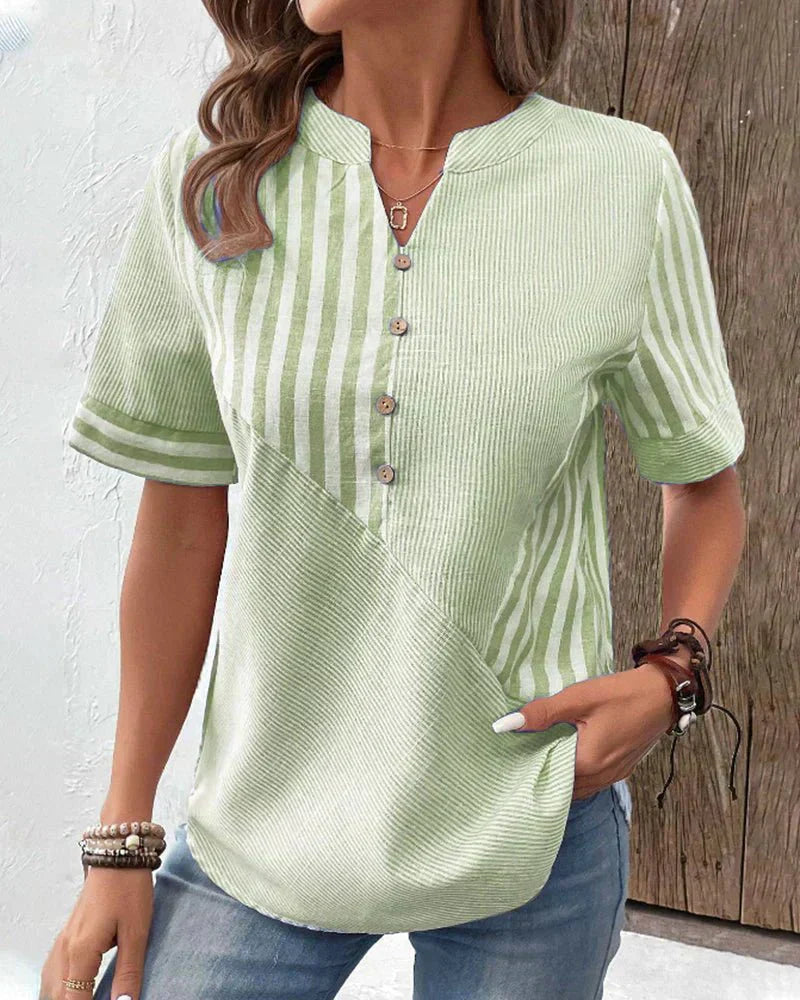 Blouse à rayures pour femmes avec boutons sur le devant et manches courtes