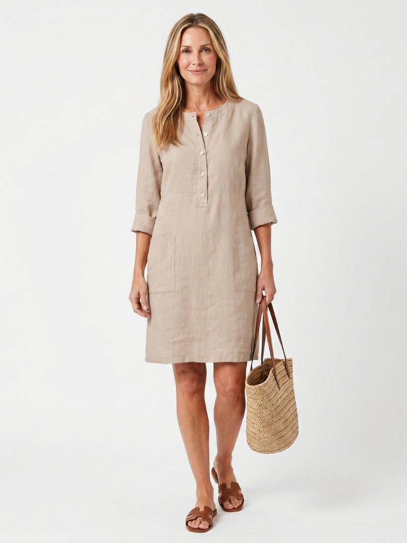 Women's Casual V-Neck Shift Dress with 3/4 Sleeves