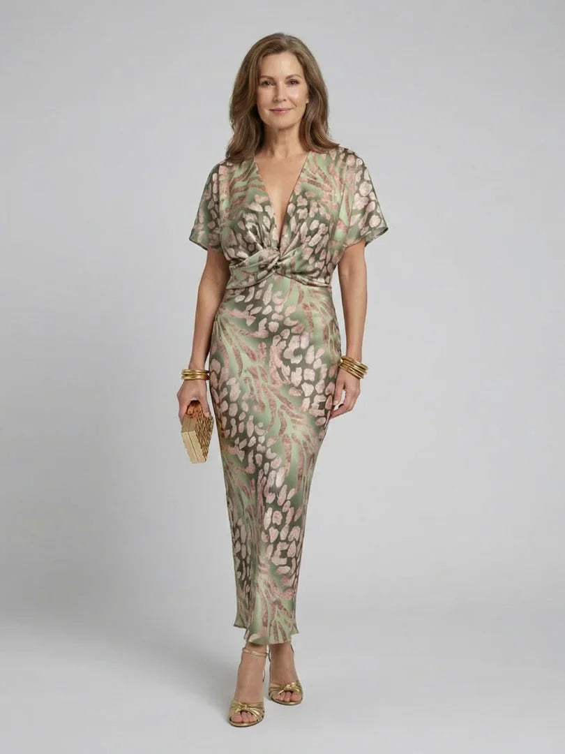 Women's Abstract Print Midi Dress with Twist Waist