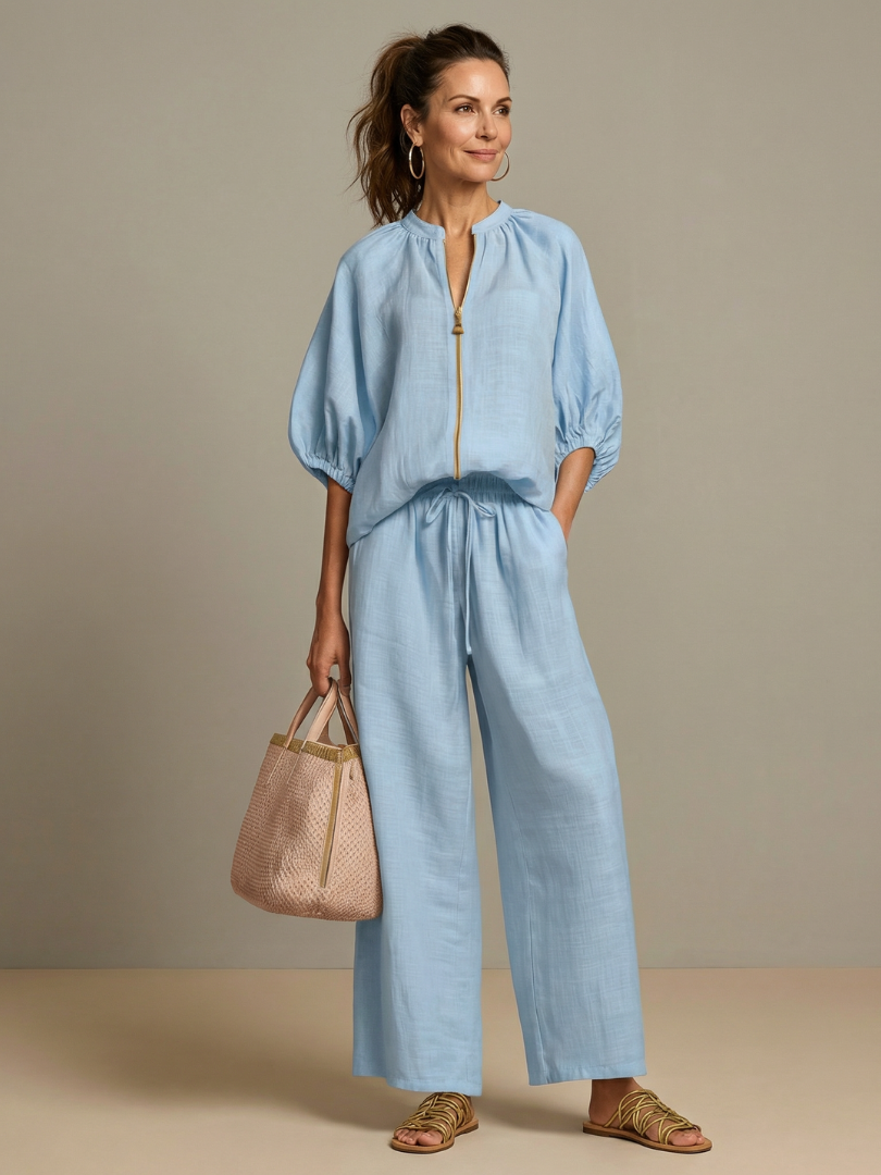Women's Zip Front Blouson Top Wide Leg Set