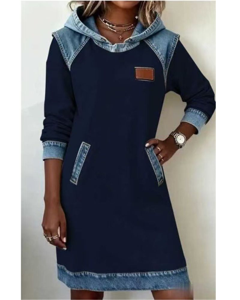 Women's Hooded Denim Accent Sweatshirt Dress with Pockets