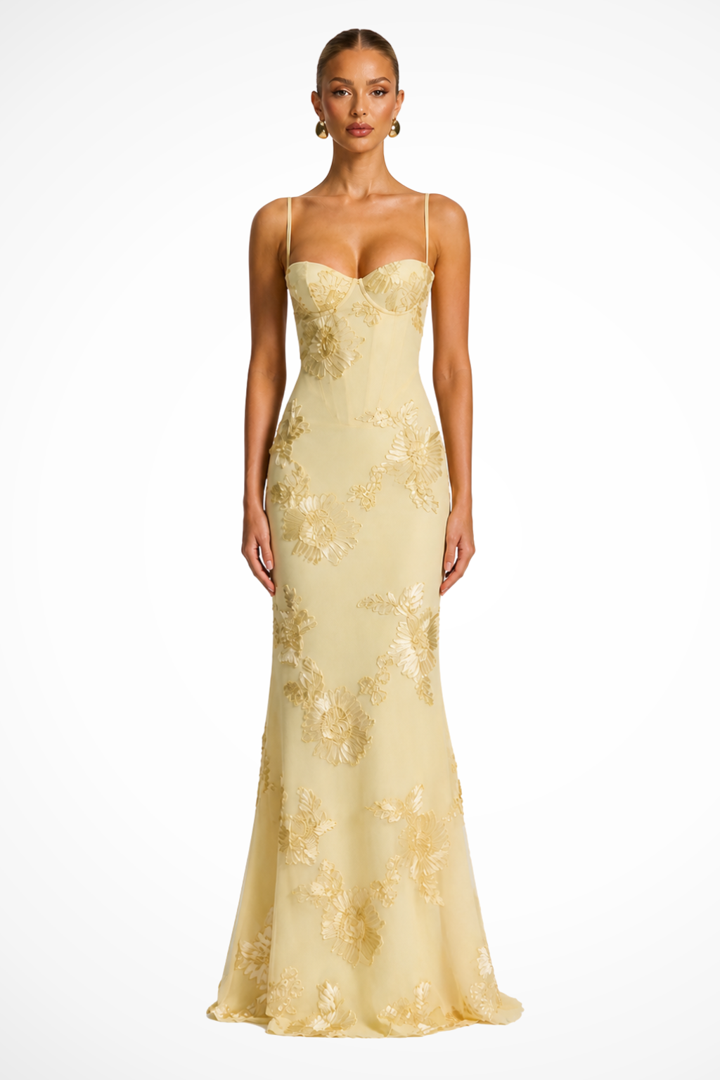 Robe longue corset brodée de fleurs pour femme avec bretelles fines