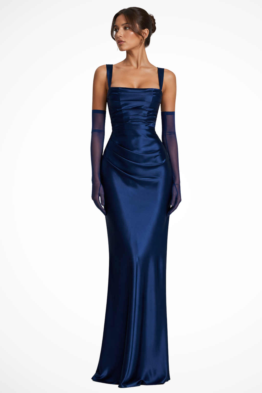 Robe maxi en satin froncée pour femme avec col carré