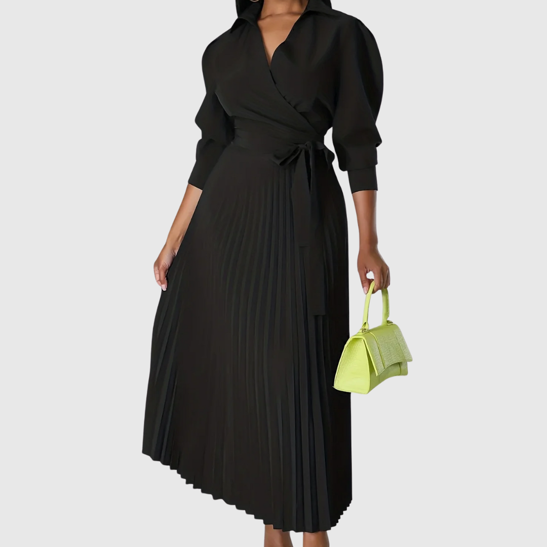 Women's Pleated Wrap Midi Dress with Tie Waist