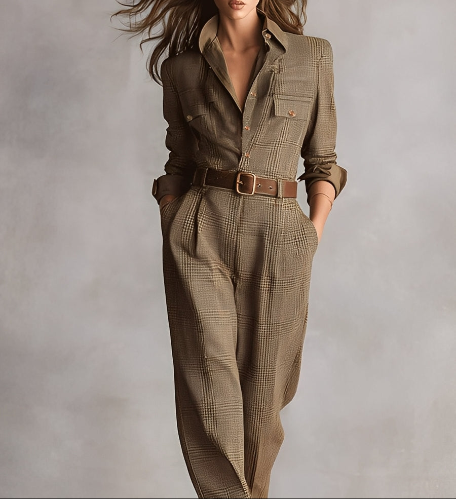 Women's Long Sleeve Button Front Belted Jumpsuit