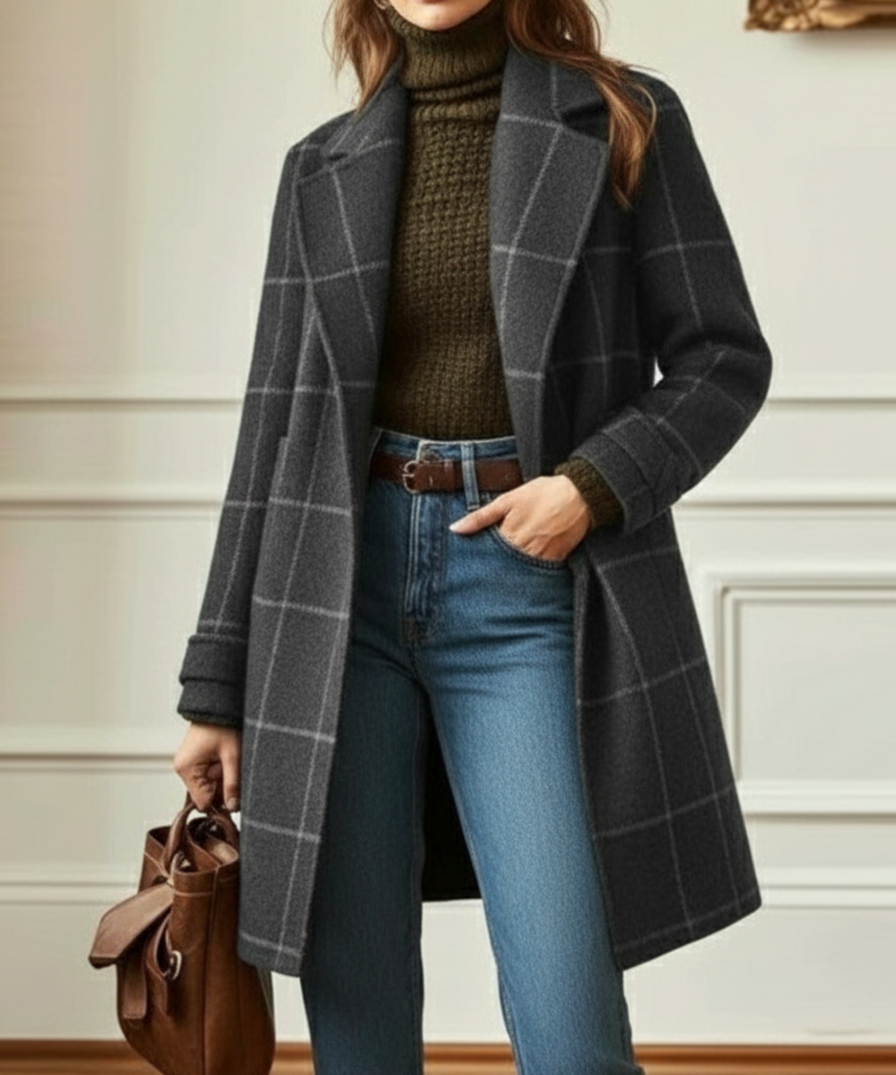 Women's Long Plaid Notched Collar Coat