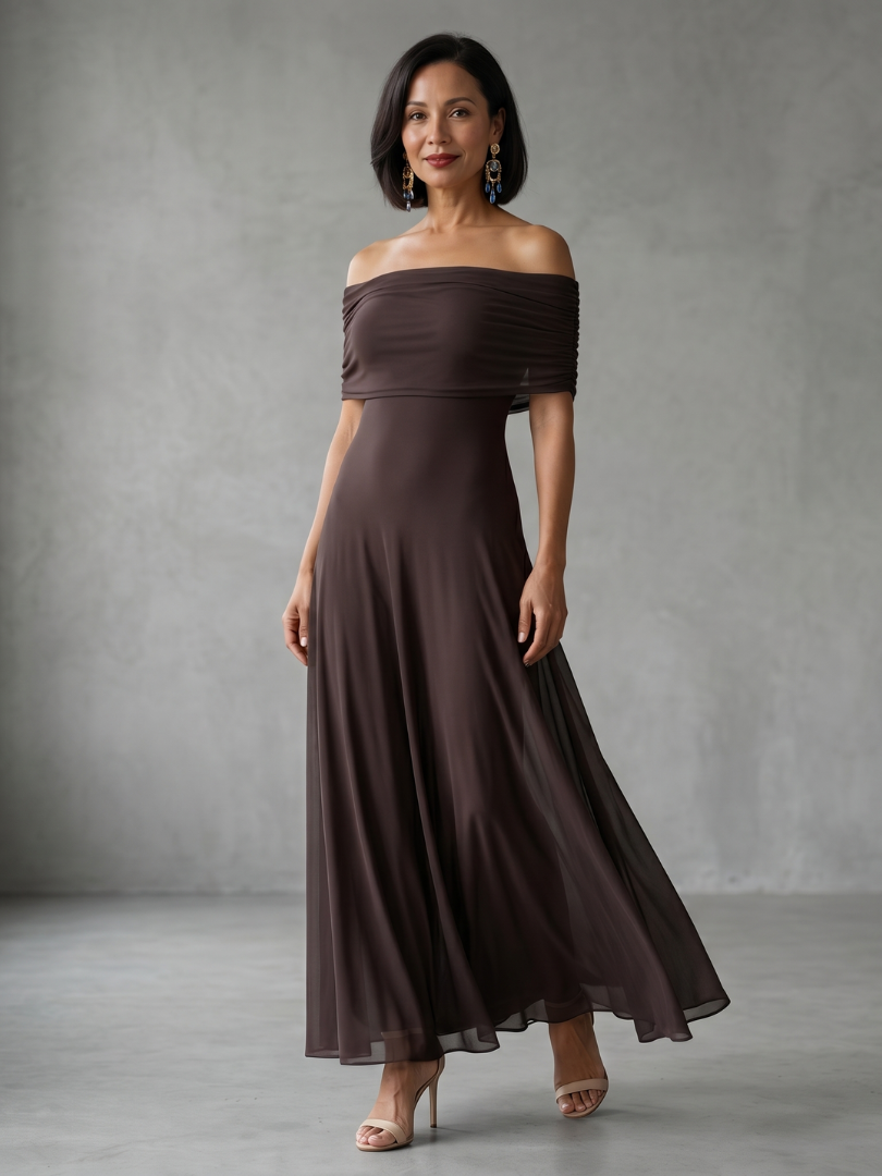 Women's Off Shoulder Midi Dress with Draped Bodice
