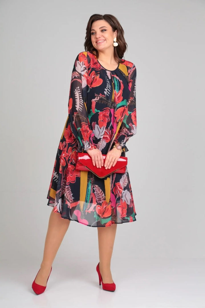 Robe évasée en chiffon à fleurs vives pour femme
