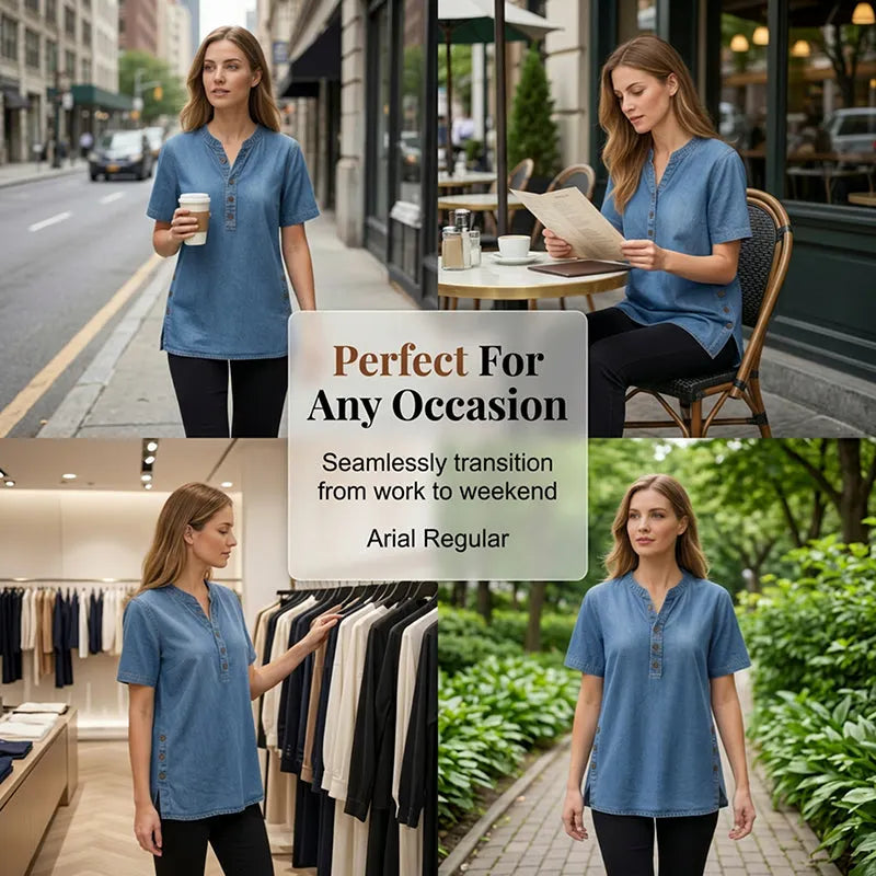 Women’s Short Sleeve Henley Tunic Top with Side Slits