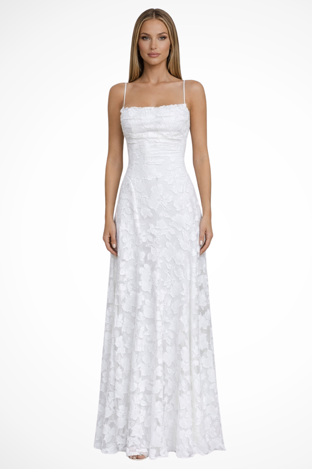 Elegant Women Spaghetti Strap Backless Floral Jacquard Maxi Dress