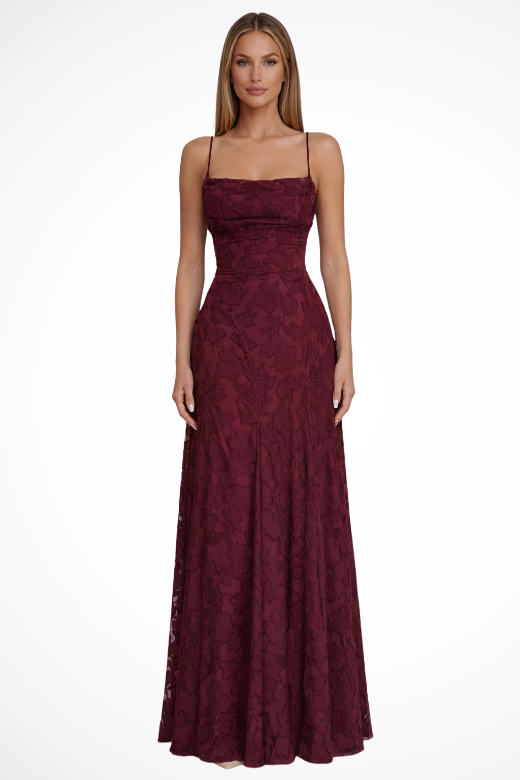Women's Floral Jacquard Maxi Dress with Lace-Up Back