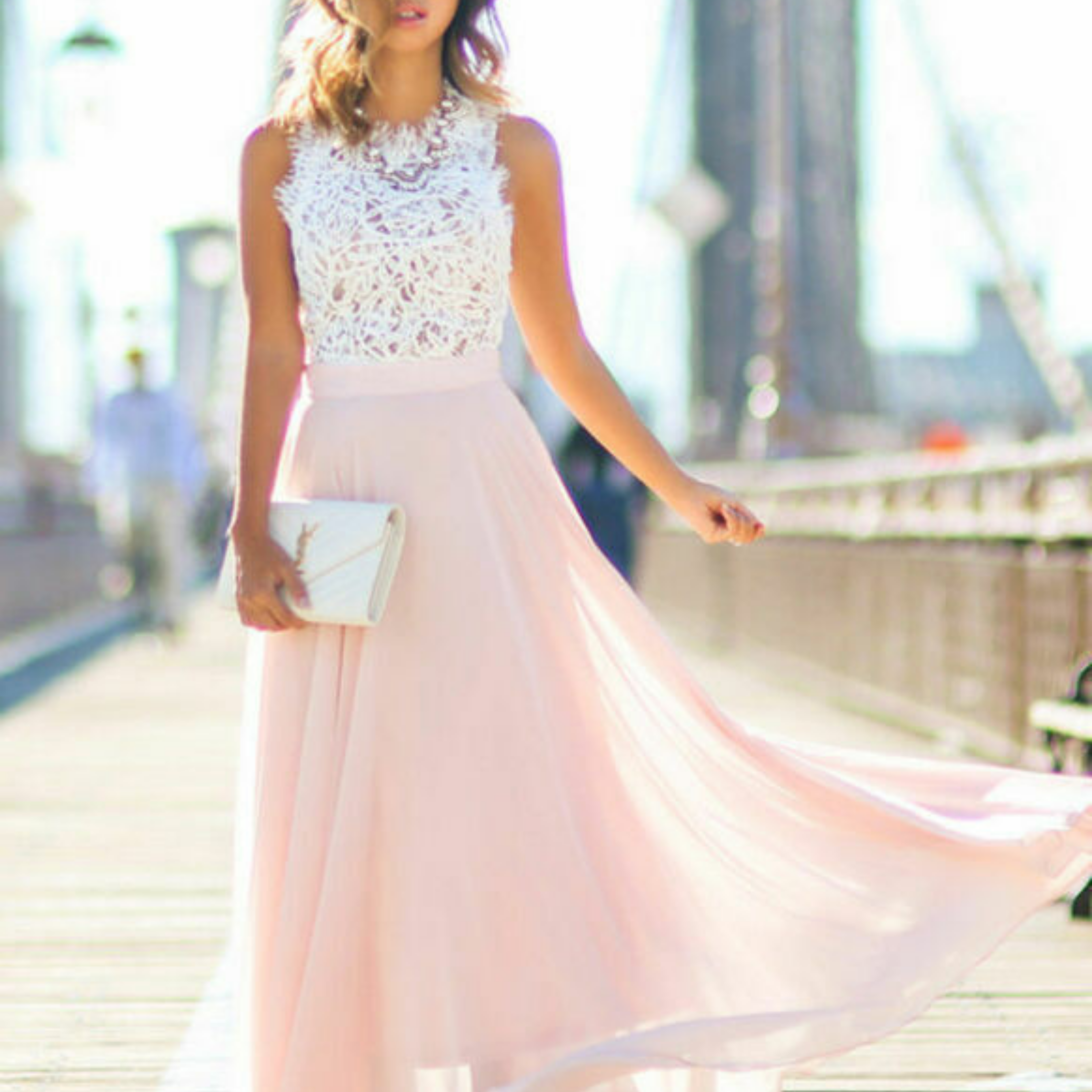 Robe longue en dentelle pour femme, sans manches, fluide