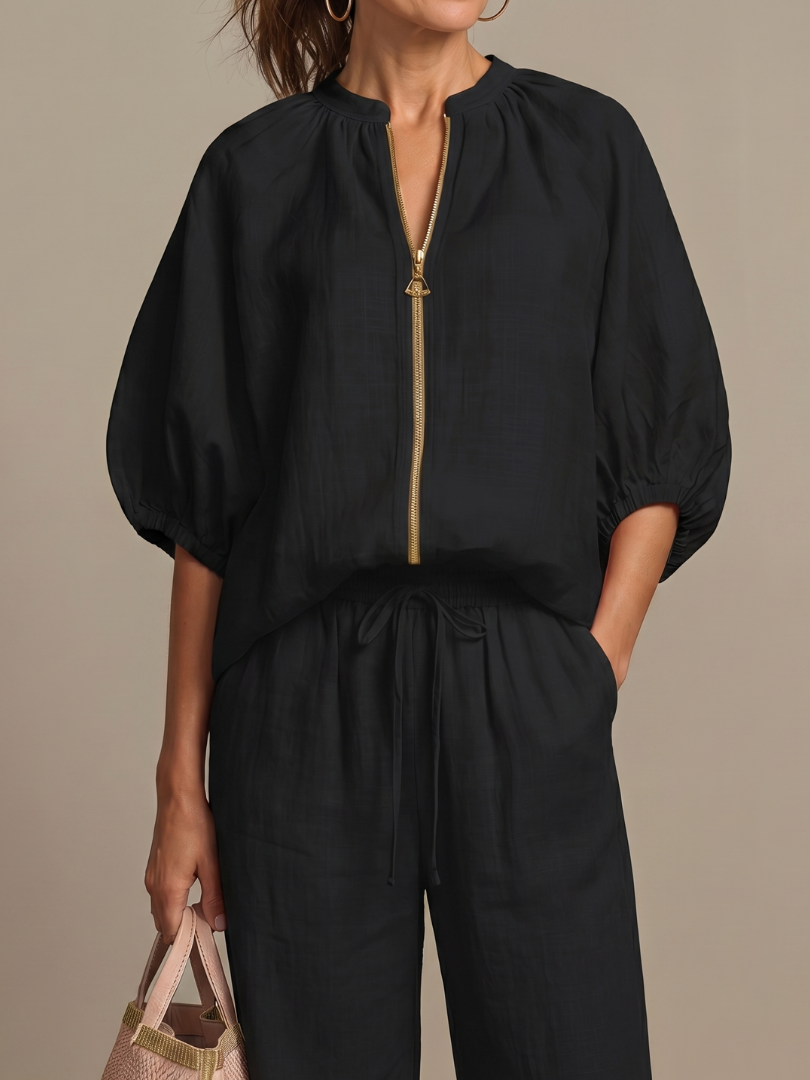 Women's Zip Front Blouson Top Wide Leg Set
