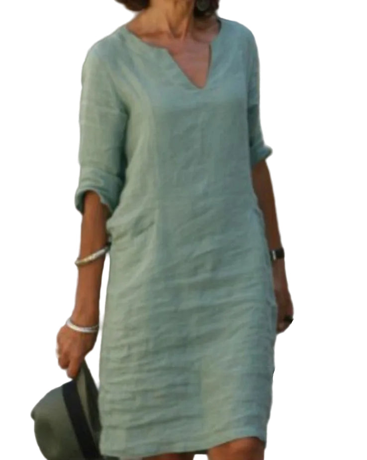 Robe courte décontractée à col en V style lin pour femmes